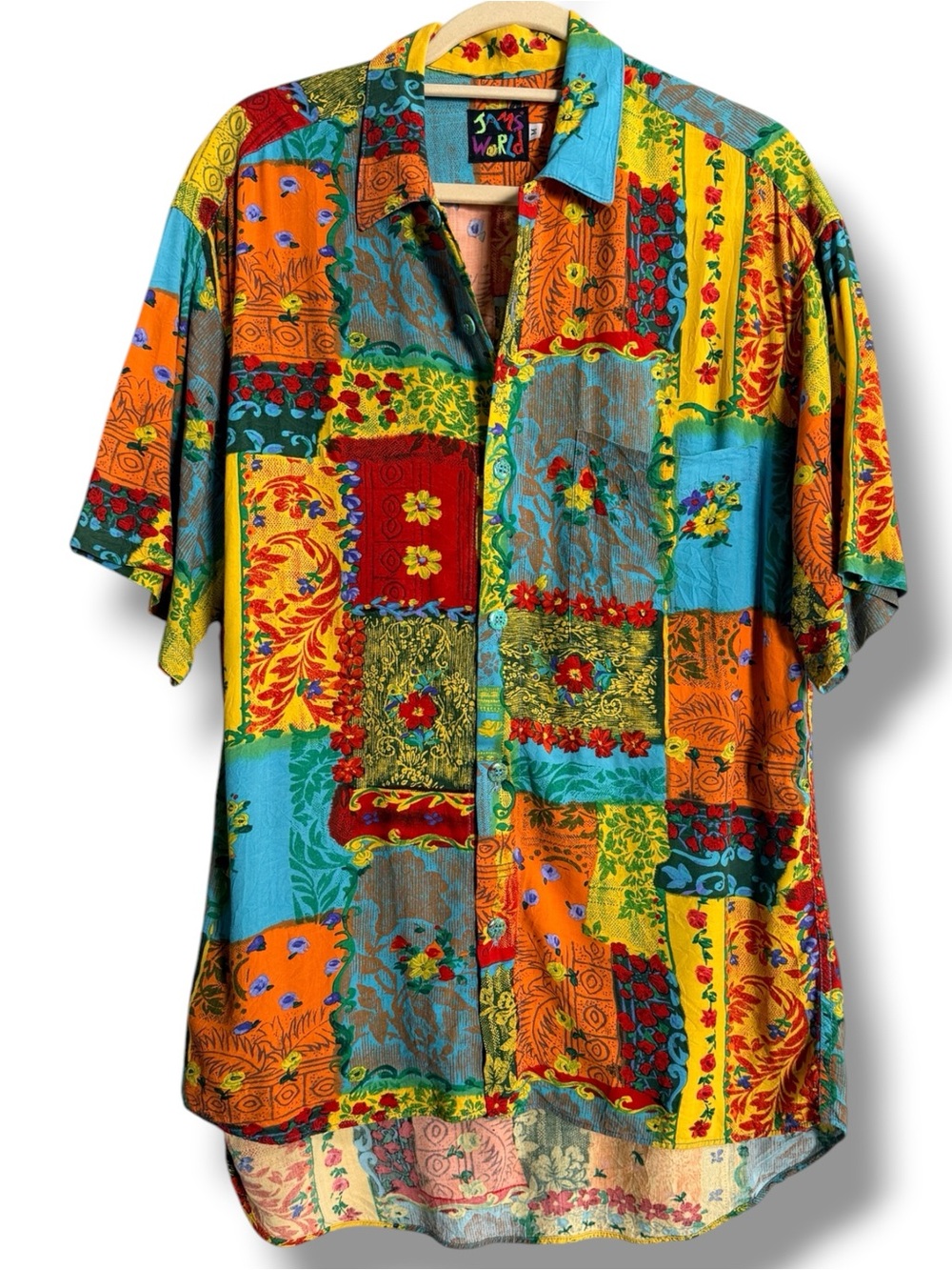 1980s Jams World Paint Brush Flowers Patchwork Rayon Button Down Shirt Sz Medium